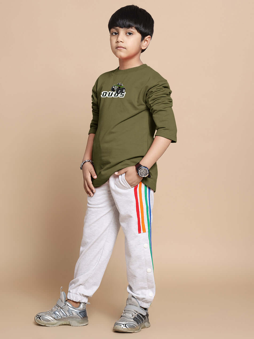 Olive green Western truck over-sized sweatshirt for boys and girls, styled casually on a child, emphasizing comfort and style.