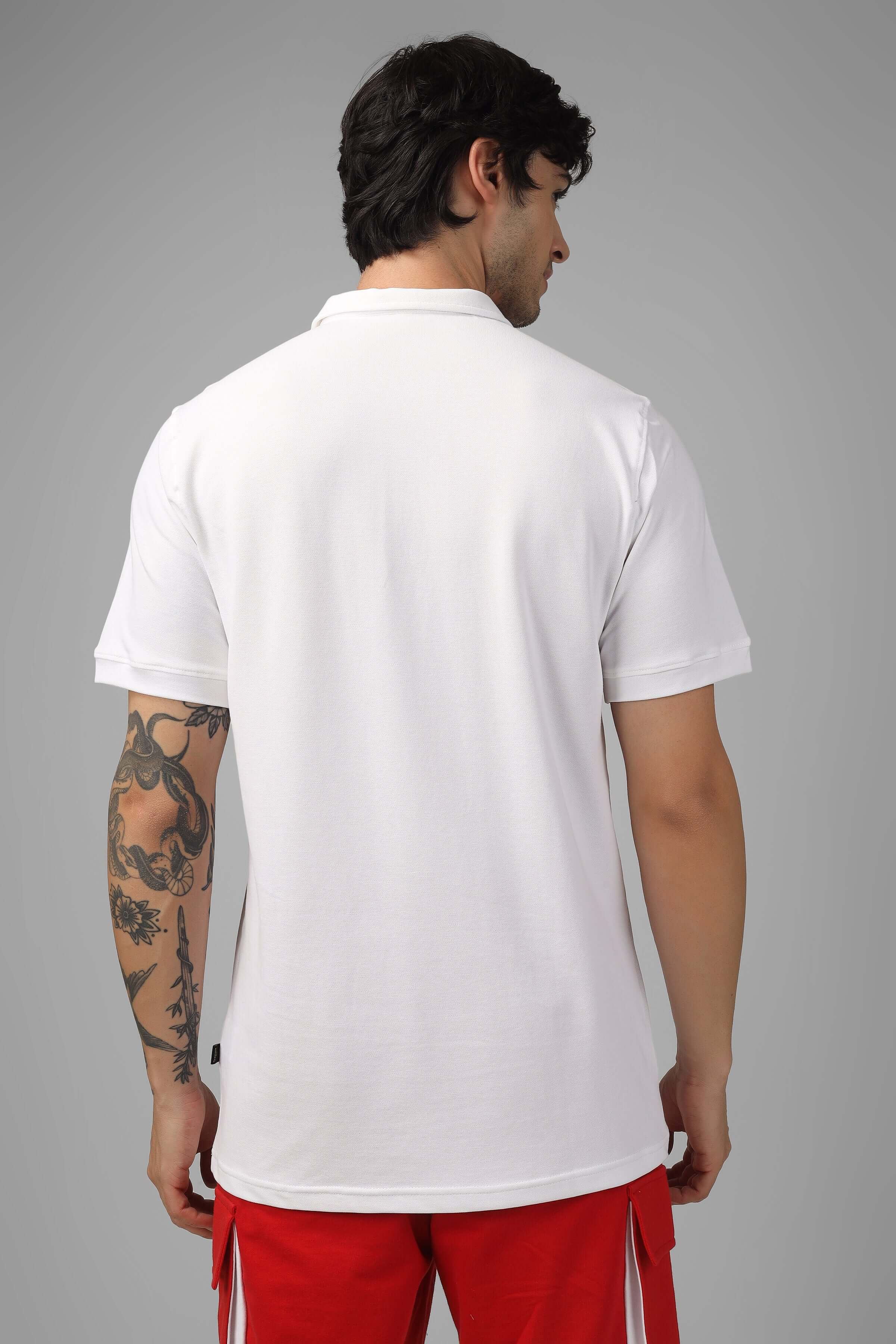 Back view of man wearing white zipper polo neck t-shirt, showcasing premium sporty pique cotton blend, perfect for athletic wear.