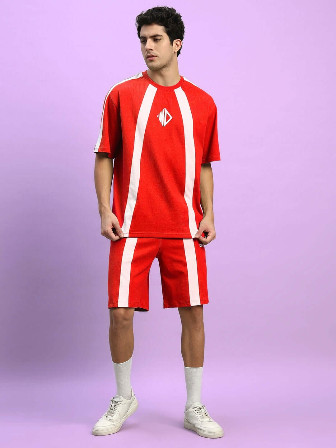 Model wearing WIDELINE Summer Co-ord Set in Red, featuring premium cotton French Terry Lycra fabric. Perfect for casual summer style.