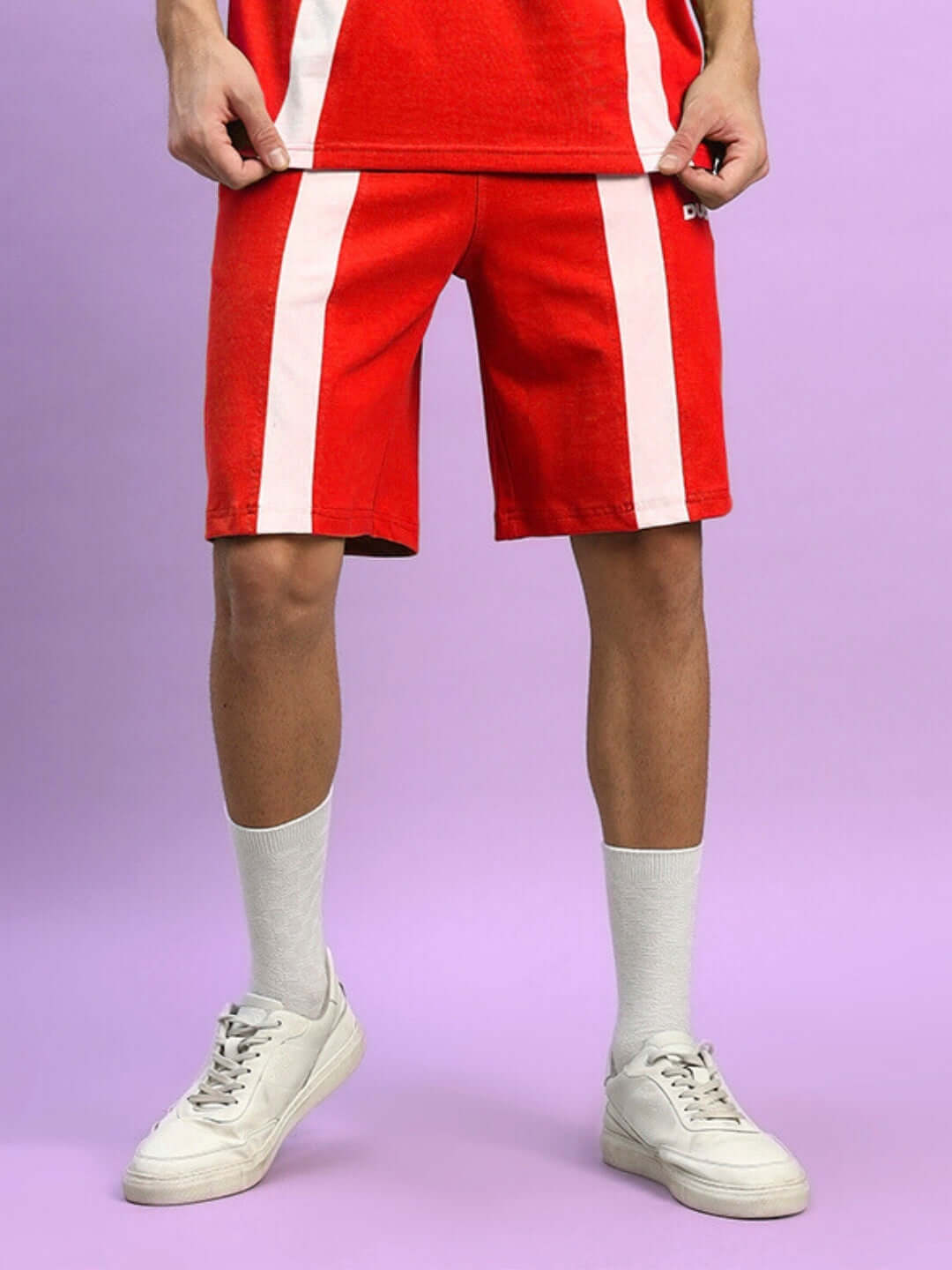 WIDELINE red regular fit shorts with white vertical stripes, customizable size option available, shown worn with sneakers and socks.