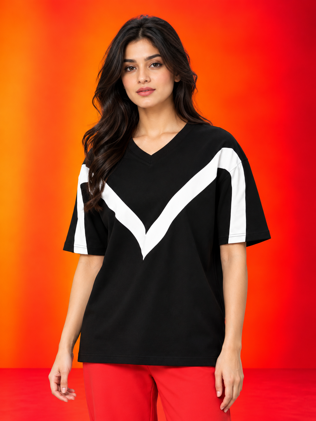 WOMEN ADROIT OVER-SIZED T-SHIRT BLACK with white chevron design, stylish V-neck casual wear for women