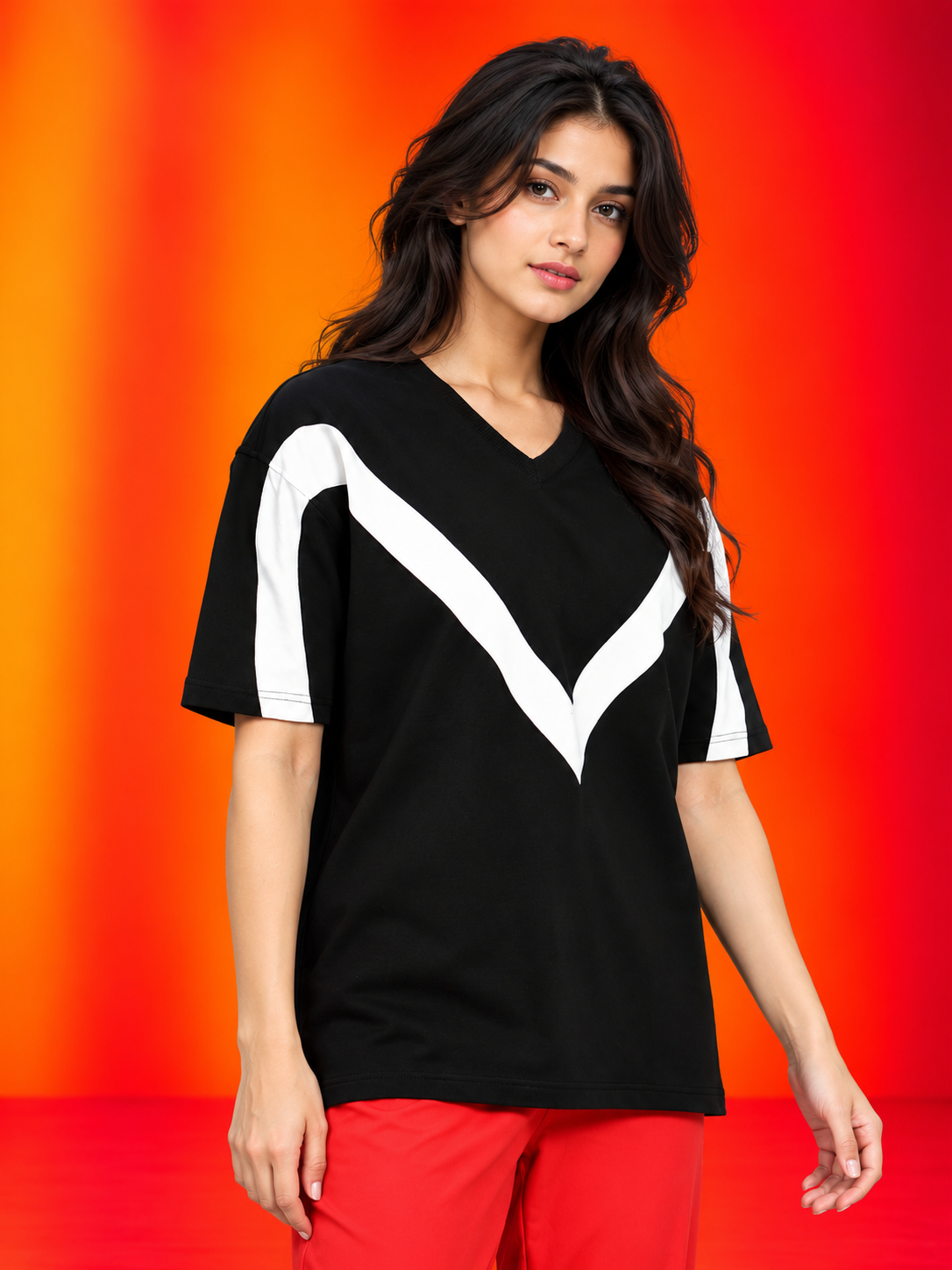 WOMEN ADROIT OVER-SIZED T-SHIRT BLACK with white chevron stripe design, stylish casual wear for women