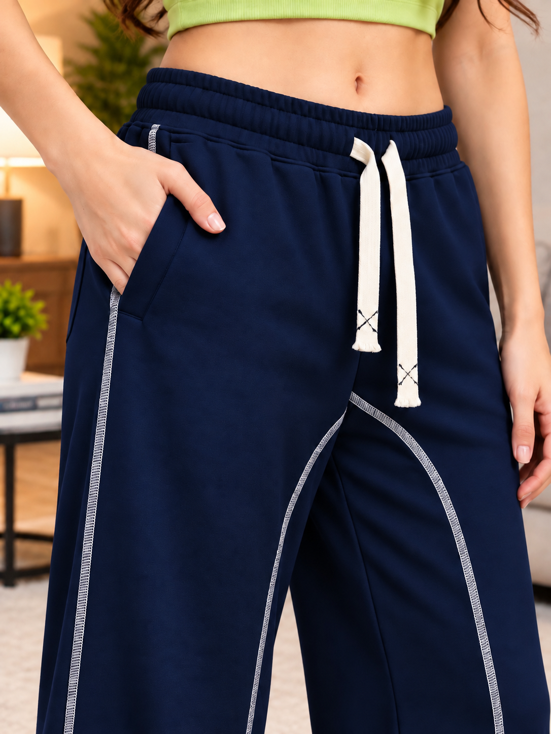 Navy blue wide leg joggers for women with grey piping and white drawstrings by WEARDUDS Beat Mode