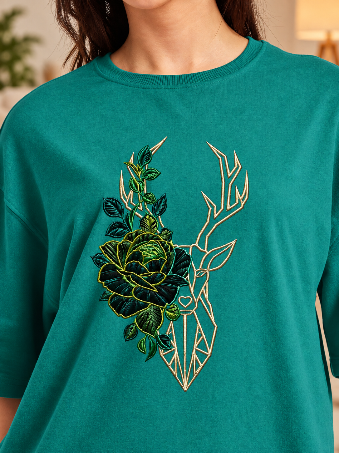 WOMEN CATCHY BLOOM FLORAL T-SHIRT TEAL GREEN with geometric deer and rose embroidery design