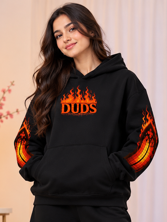 WOMEN FIRE NEVER KILLS THE LIGHT PRINTED FLEECE HOODIE BLACK