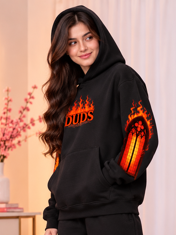 WOMEN FIRE NEVER KILLS THE LIGHT PRINTED FLEECE HOODIE BLACK