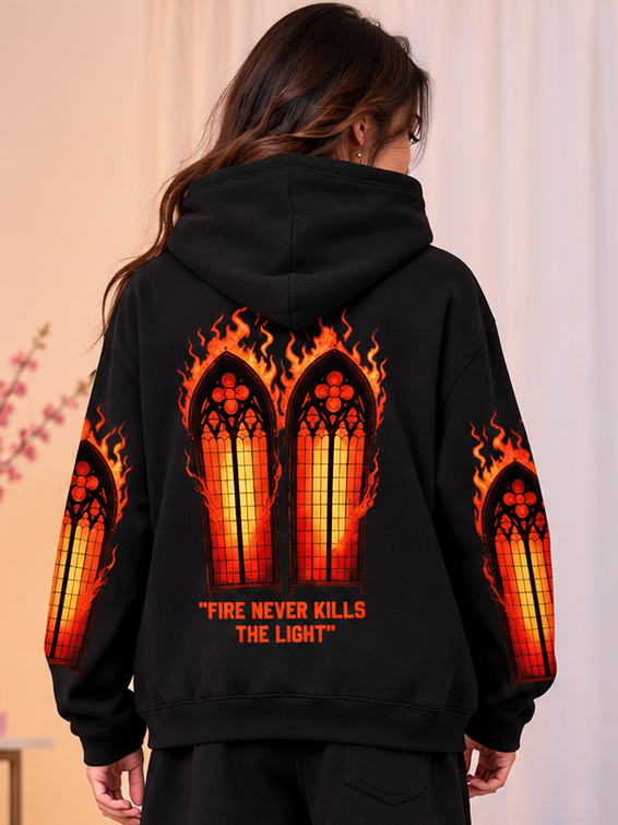 WOMEN FIRE NEVER KILLS THE LIGHT PRINTED FLEECE HOODIE BLACK