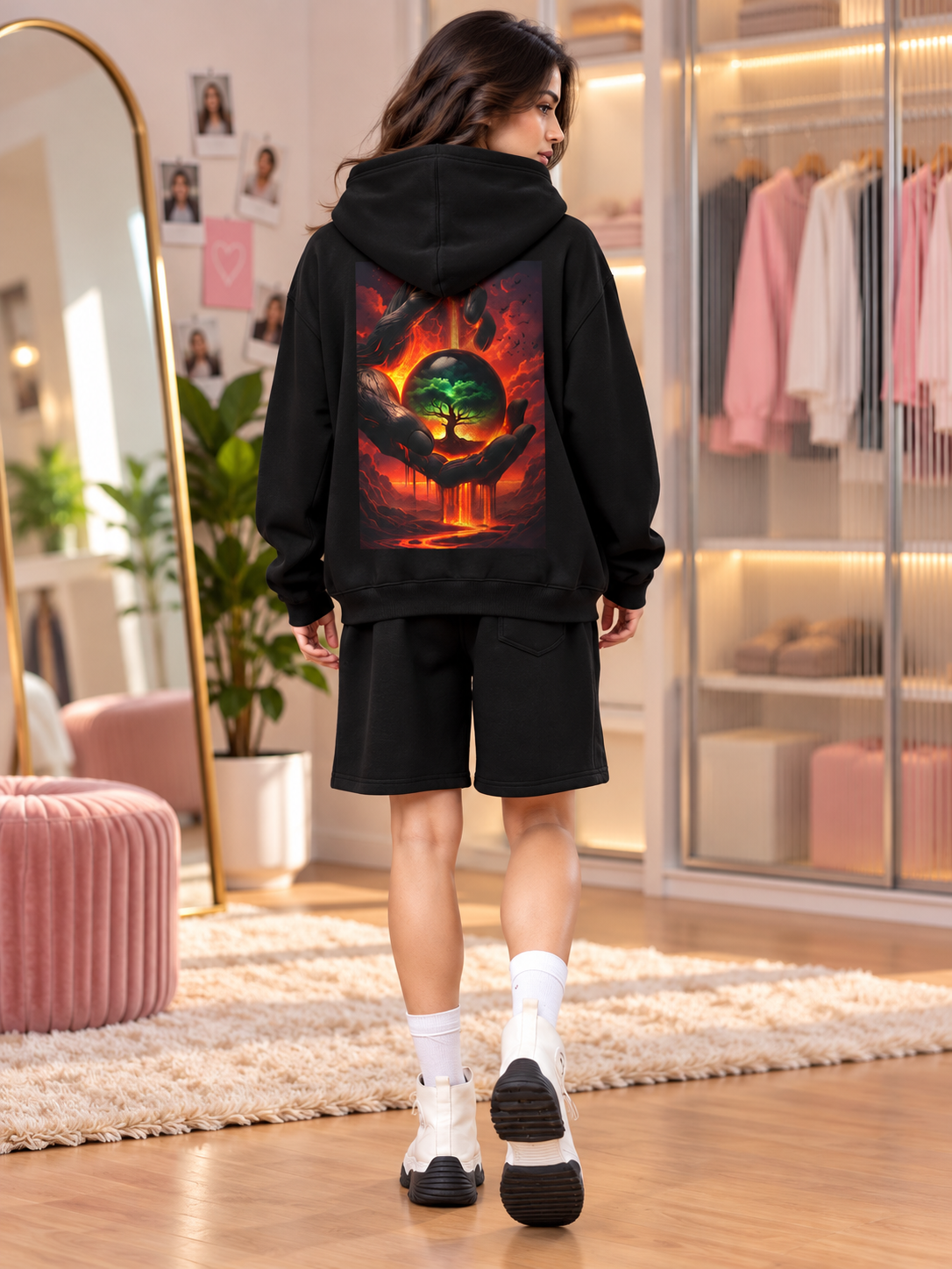 WOMEN LIFE IN THE CRUCIBLE PRINTED FLEECE CO-ORD BLACK hoodie and shorts set with graphic print design