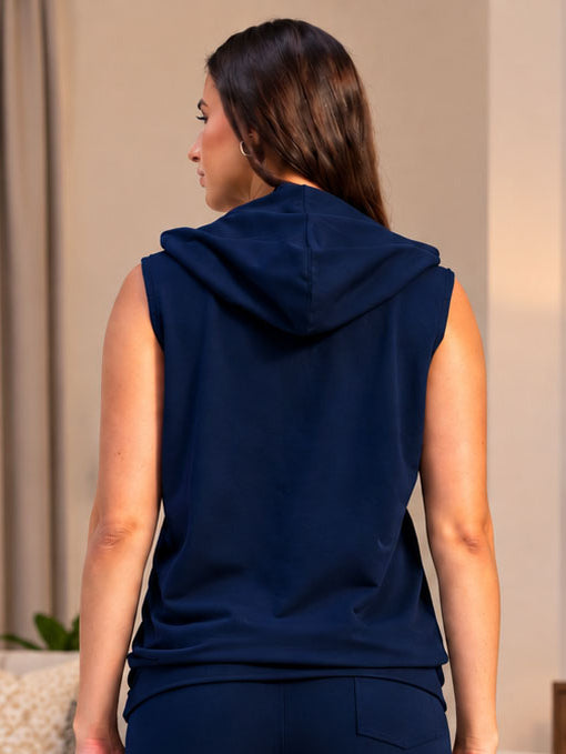 WOMEN LOUNGEWEAR SLEEVELESS HOODED T-SHIRT NAVY BLUE back view worn by model showing comfortable hood design