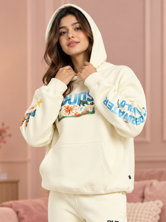 WOMEN OCEAN BUDDIES OVERSIZED FLEECE HOODIE OFF-WHITE