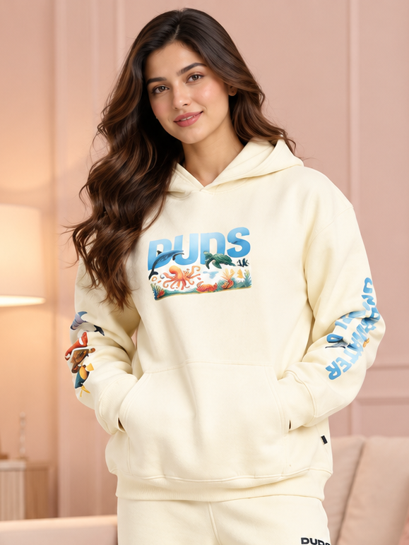 WOMEN OCEAN BUDDIES OVERSIZED FLEECE HOODIE OFF-WHITE