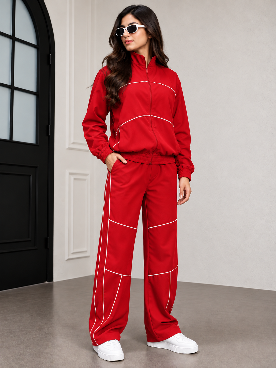 WOMEN RAIDER CO-ORD SET FULL ZIPPER RED worn by a model standing indoors with stylish accessories.