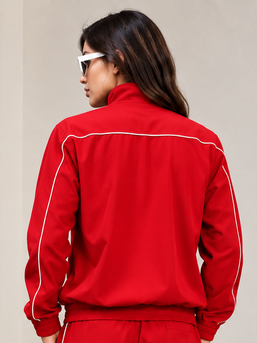 WOMEN RAIDER JACKET FULL ZIPPER RED shown from the back with white detailing, perfect for stylish outings.