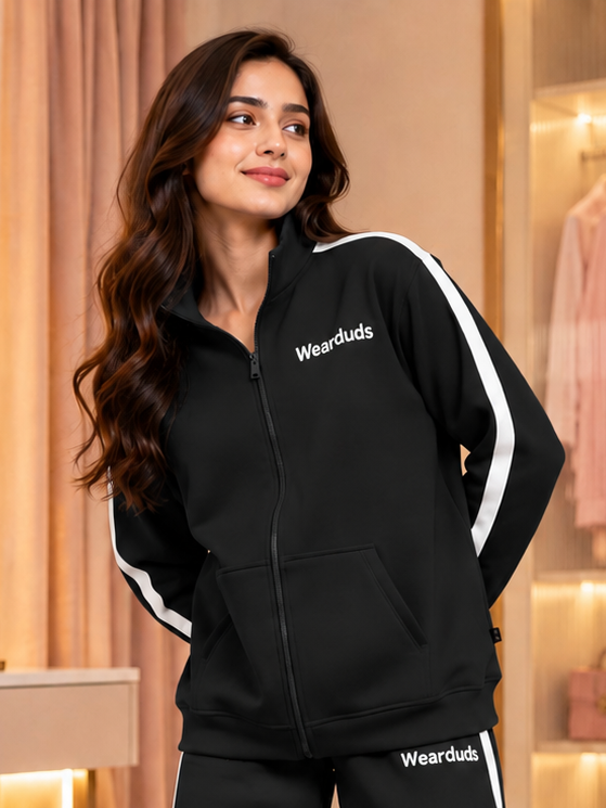 WOMEN RAPID STRIDE COTTON FLEECE JACKET BLACK with white stripes and zip-up design for casual everyday style