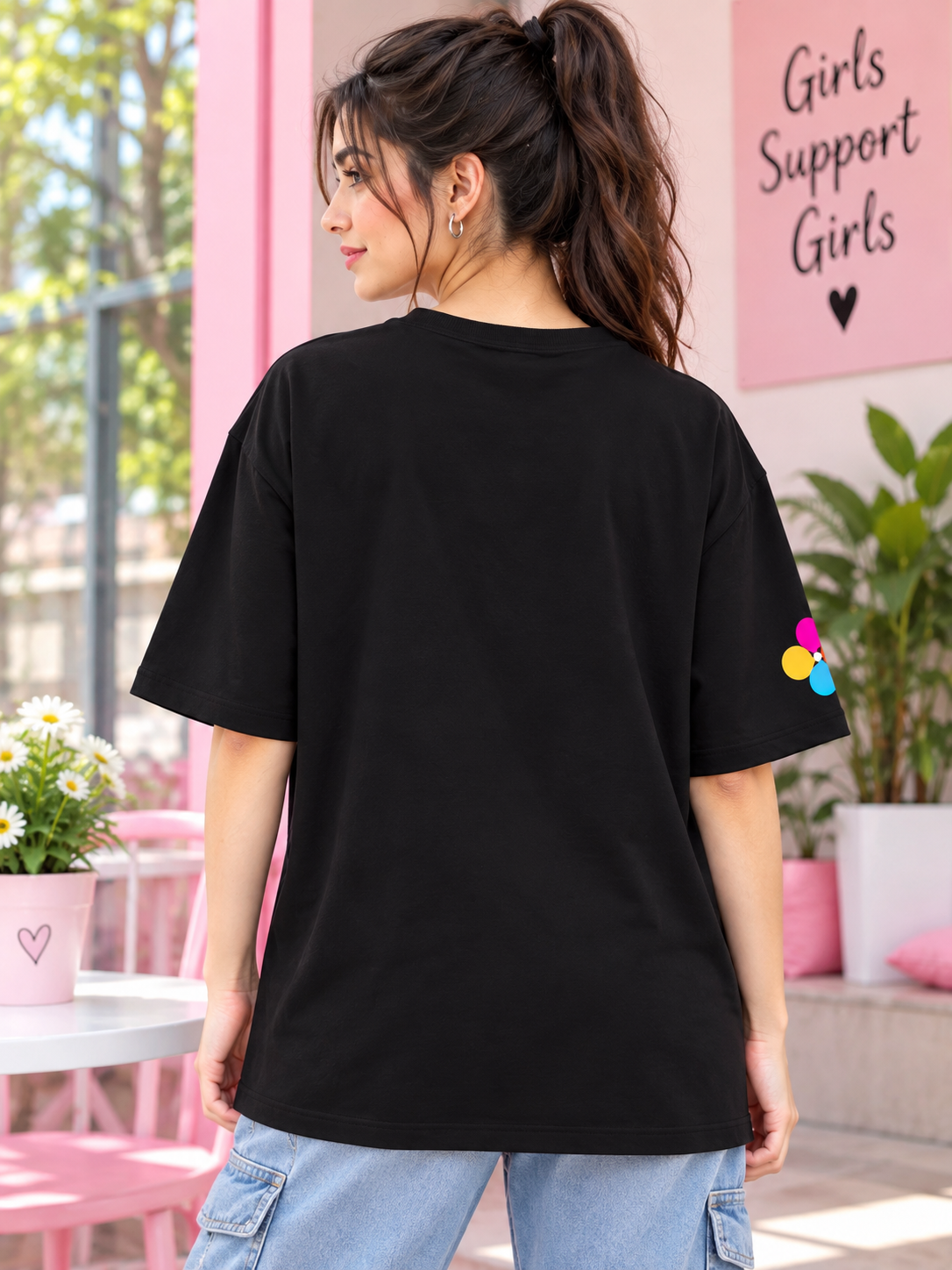 WOMEN RETRO STRIPES OVERSIZED T-SHIRT BLACK