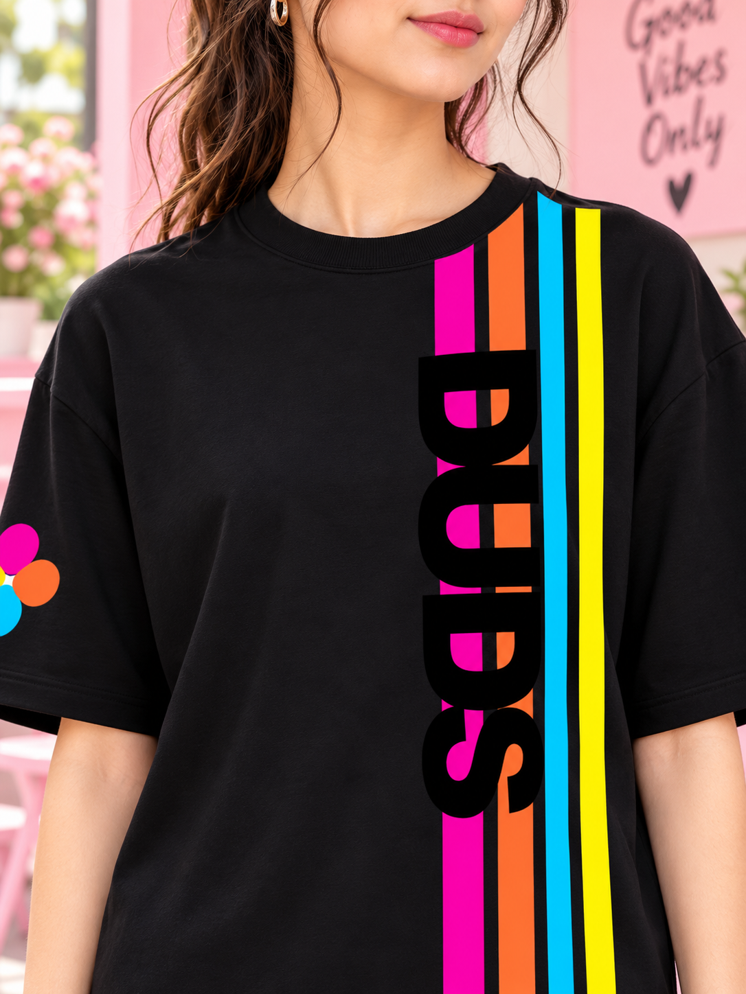 WOMEN RETRO STRIPES OVERSIZED T-SHIRT BLACK