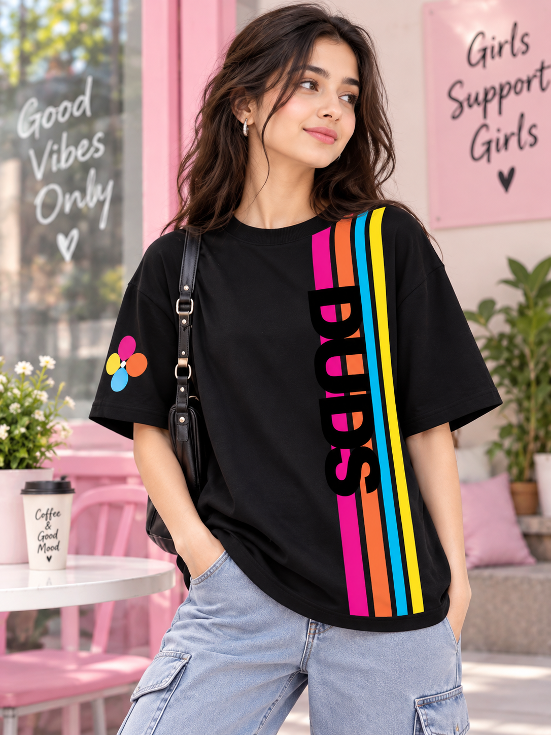 WOMEN RETRO STRIPES OVERSIZED T-SHIRT BLACK