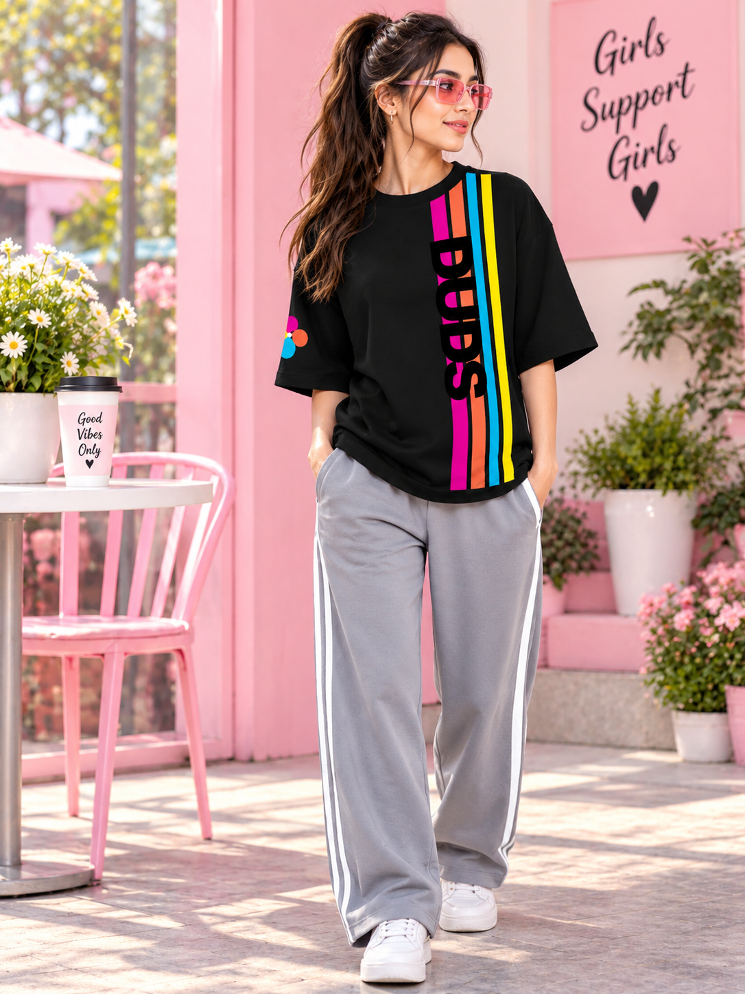 WOMEN RETRO STRIPES OVERSIZED T-SHIRT BLACK