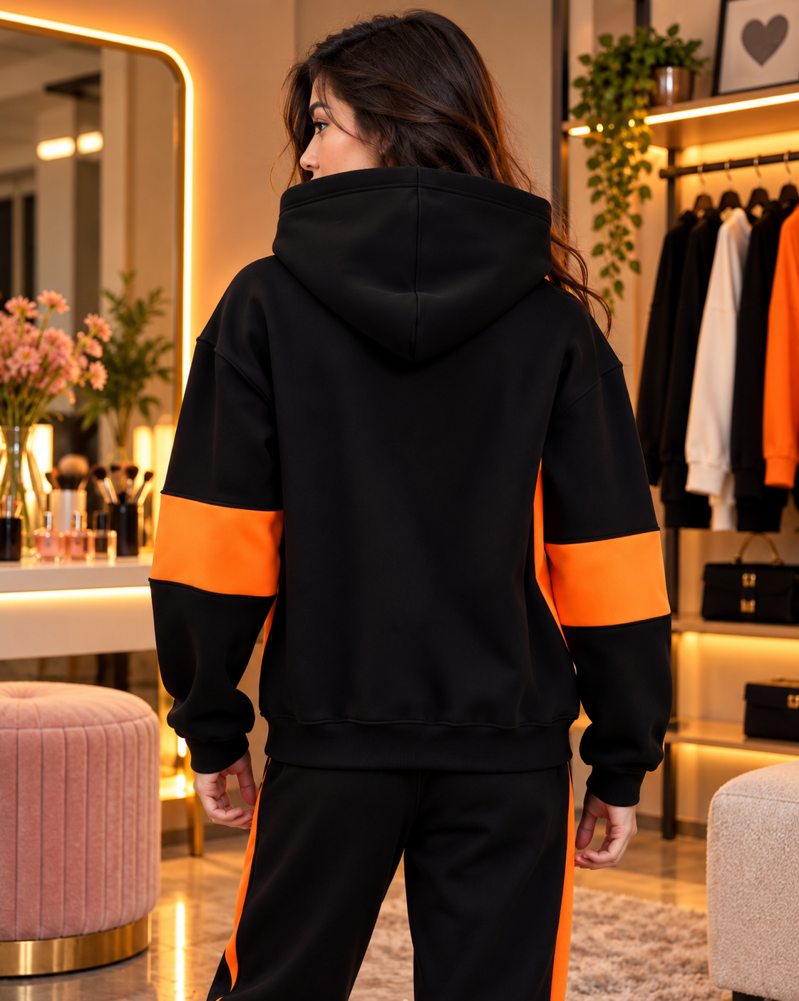 WOMEN WD GORBCORE FLEECE HOODIE BLACK ORANGE worn with matching joggers for a stylish streetwear look