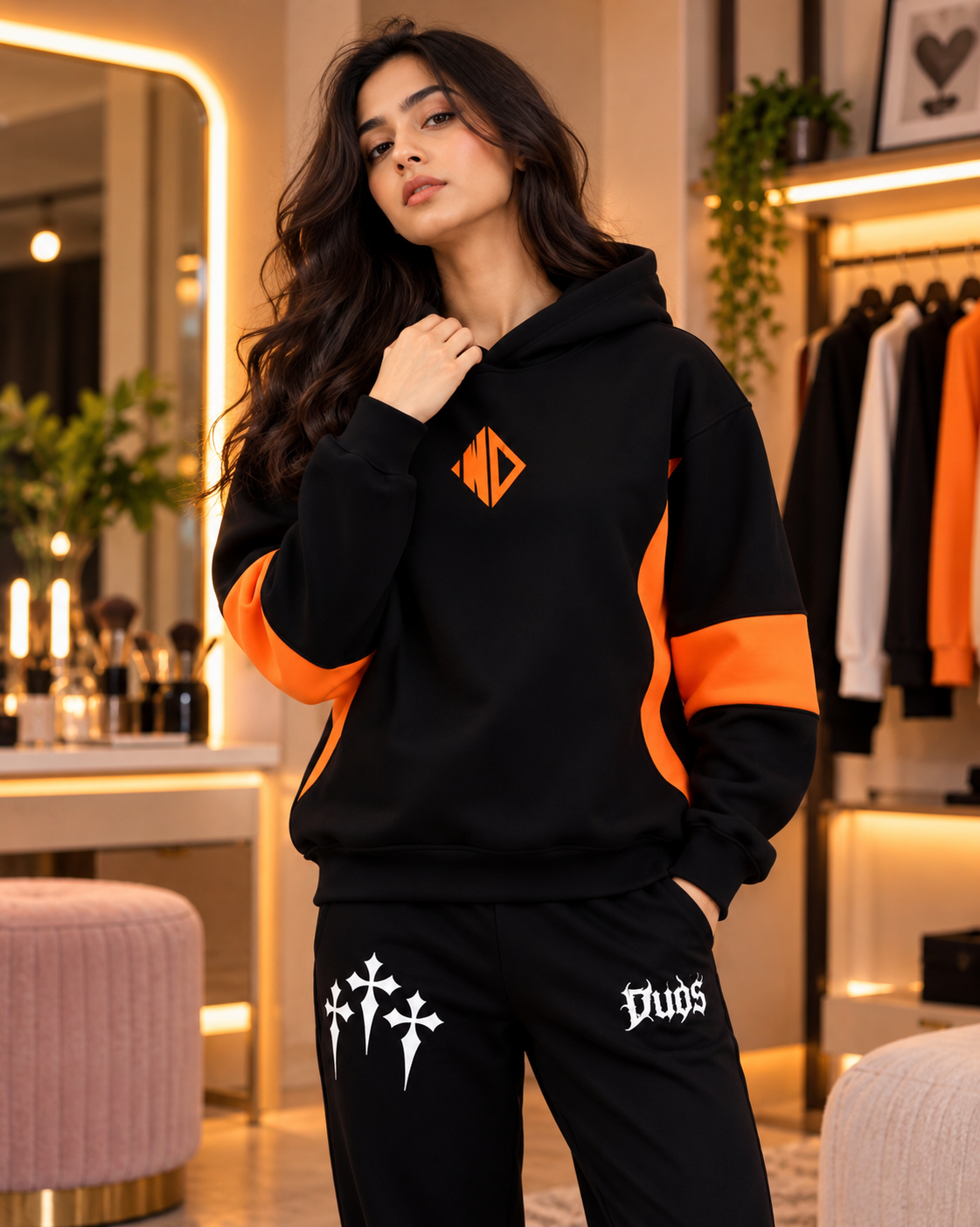 WOMEN WD GORBCORE FLEECE HOODIE BLACK ORANGE styled with matching joggers for a trendy streetwear look