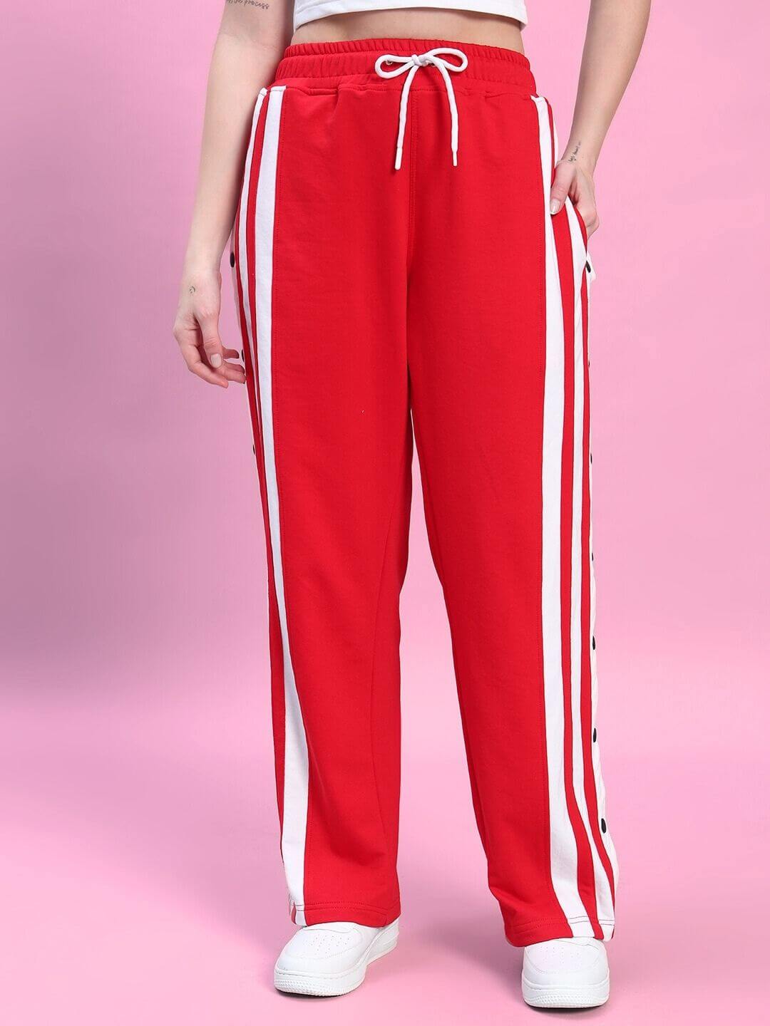 Women's Achorm Co-ord Set in red with white stripes, premium cotton fabric, featuring drawstring waist and bio-washed for softness.