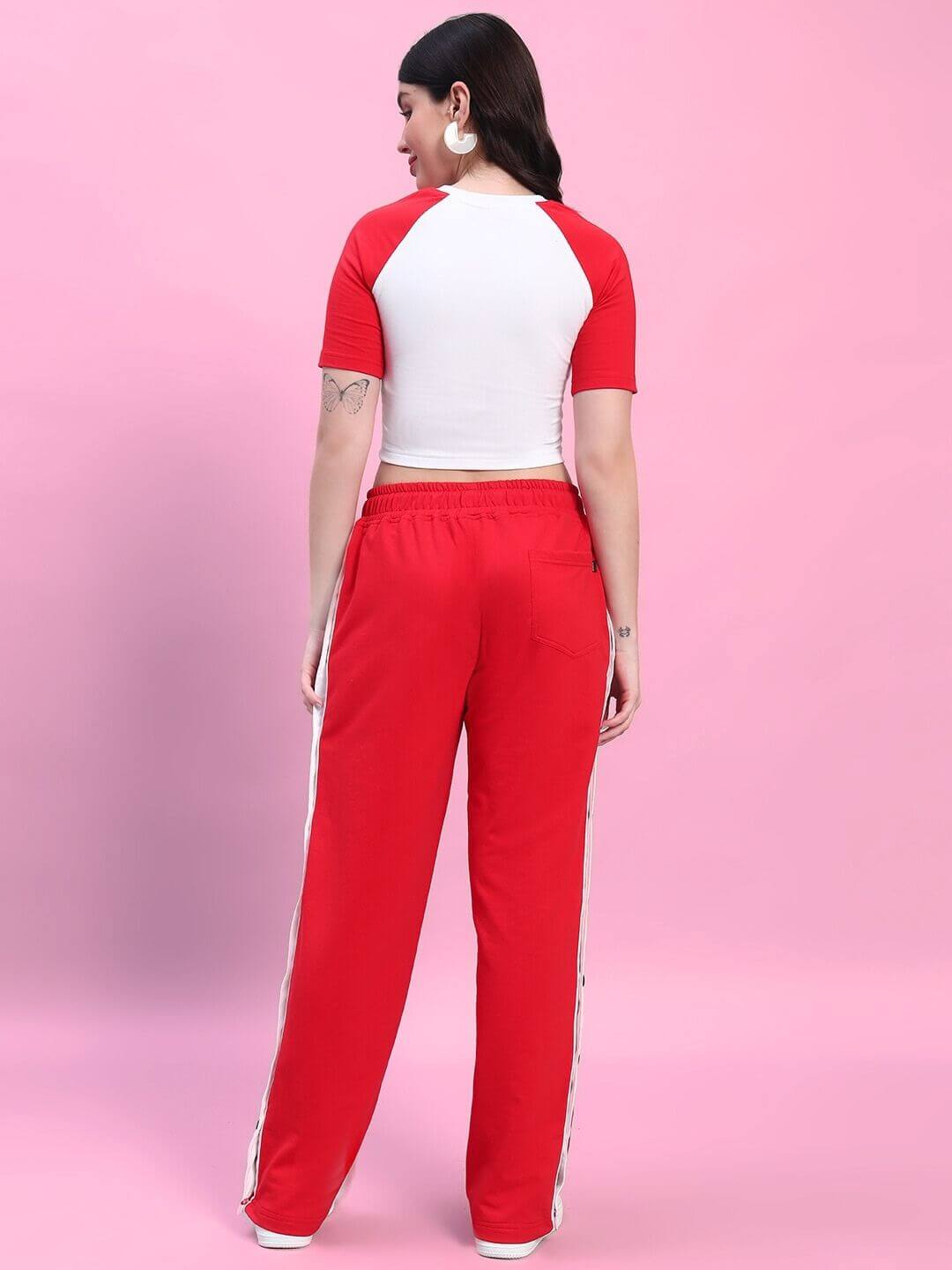 Back view of women's Achorm red and white co-ord set with short sleeves, crafted from premium heavy gauge fabric for stylish comfort.