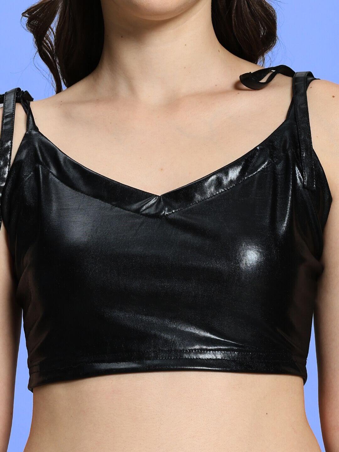 Woman wearing Women's Aleena Co-Ord Set top in metallic black fabric