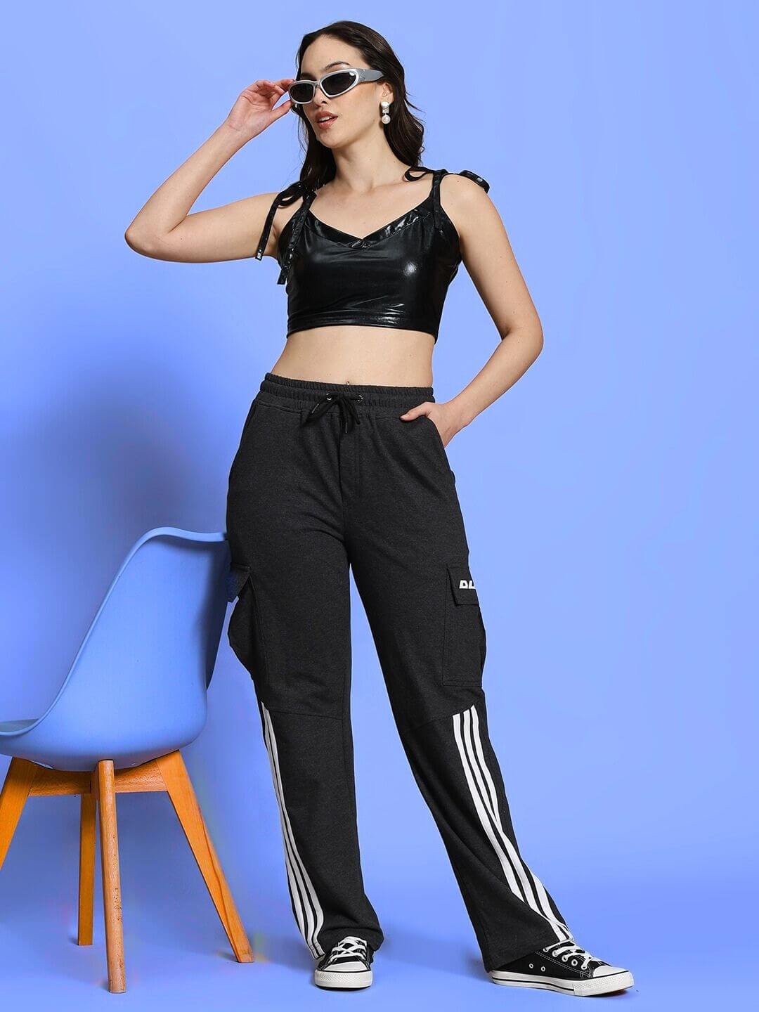 Trendy Women's Aleena Co-ord Set in black with a metallic top and cotton pants, perfect for a stylish and comfortable look.