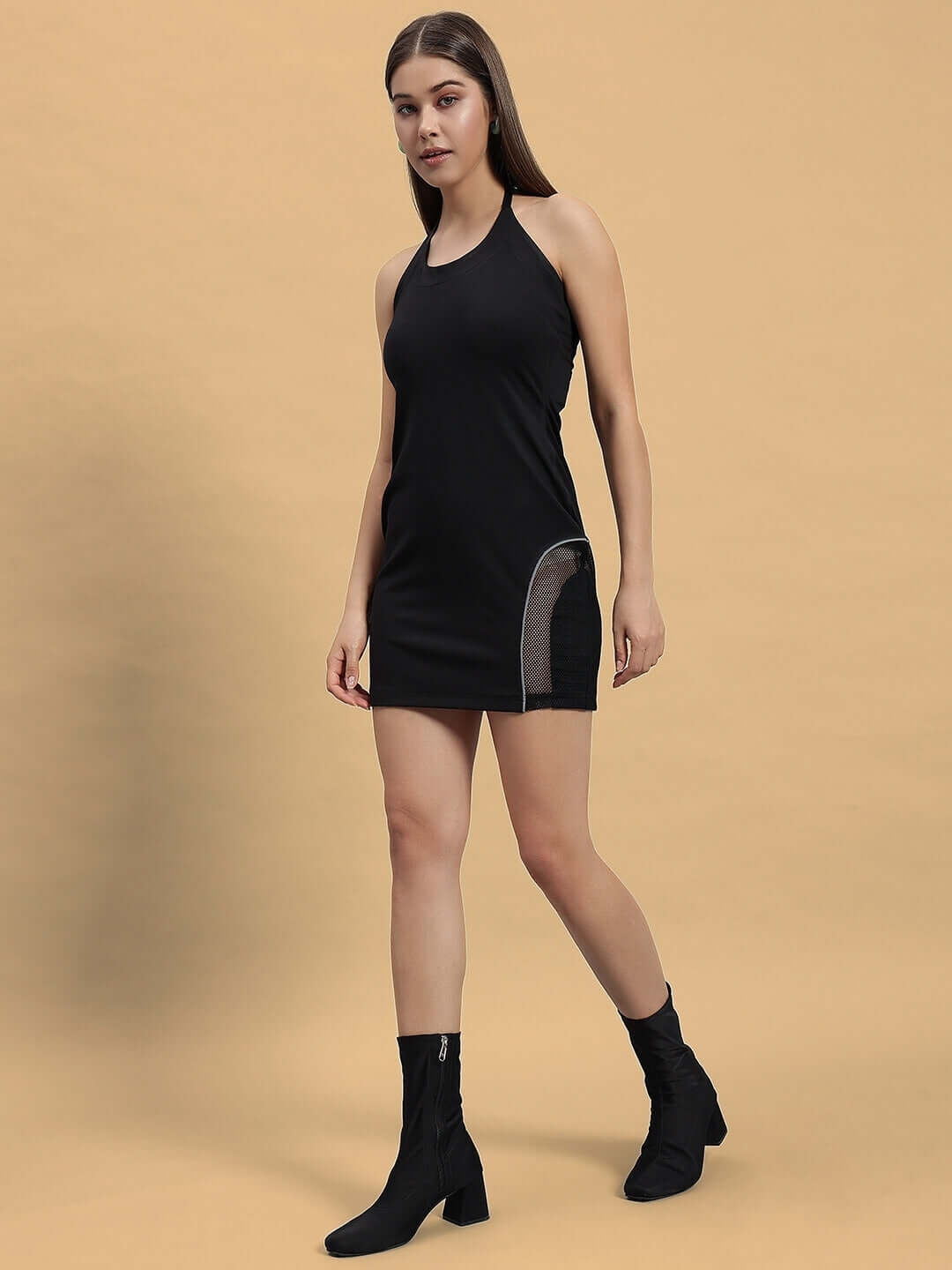 Women's Alice Dress with Reflector Piping in Black, 90% Polyester & 10% Spandex, stylish knee-length dress with four-way Lycra.