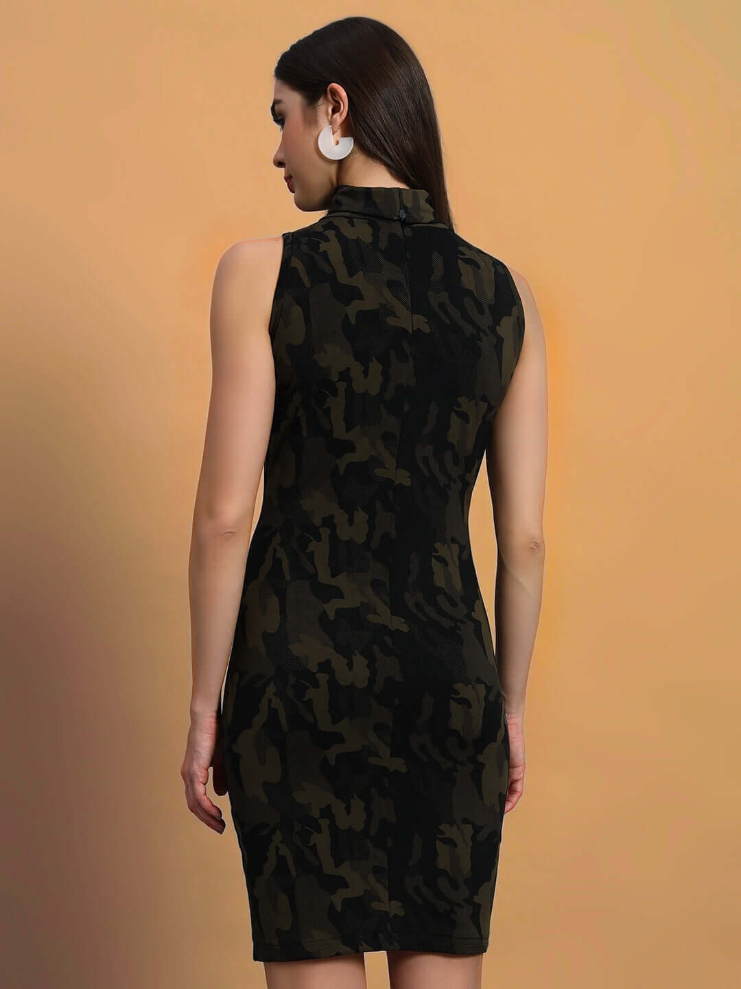 Back view of a woman's sleeveless allure dress in camo green with a high collar, made from polyester and spandex.