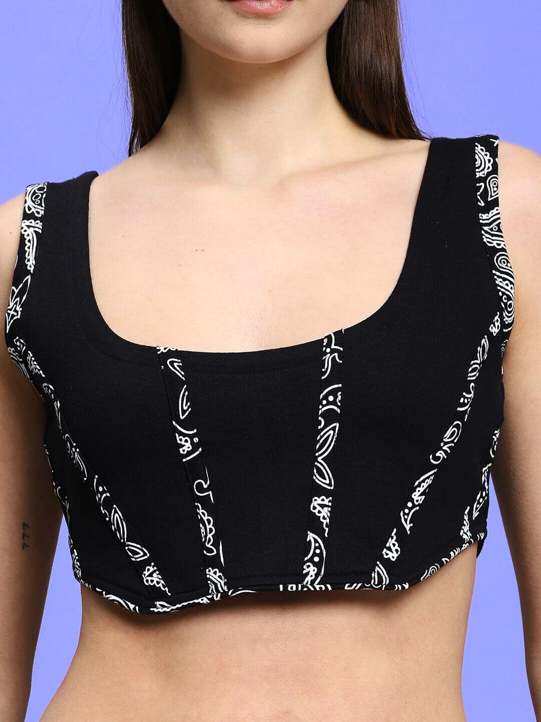 Black Women's Amisha Regional Crop Top, featuring premium heavy gauge fabric, 100% cotton, pattern detailing, model showcasing fit.