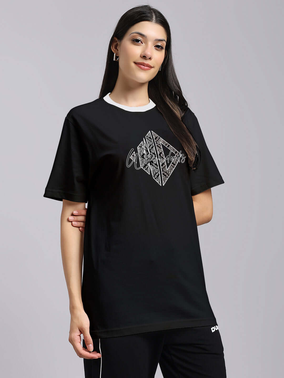 Model wearing Womens Angular Regular Fit T-Shirt Black, showcasing modern minimalism with a flattering fit, perfect for casual style.