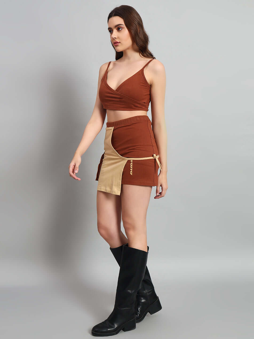 Model wearing Women Applic Co-ord Set Beige Brown showcasing chic style and elegance.