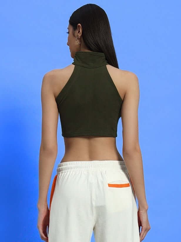Back view of model wearing WOMEN'S AURA CROP-TOP - OLIVE GREEN, showcasing style and fit.