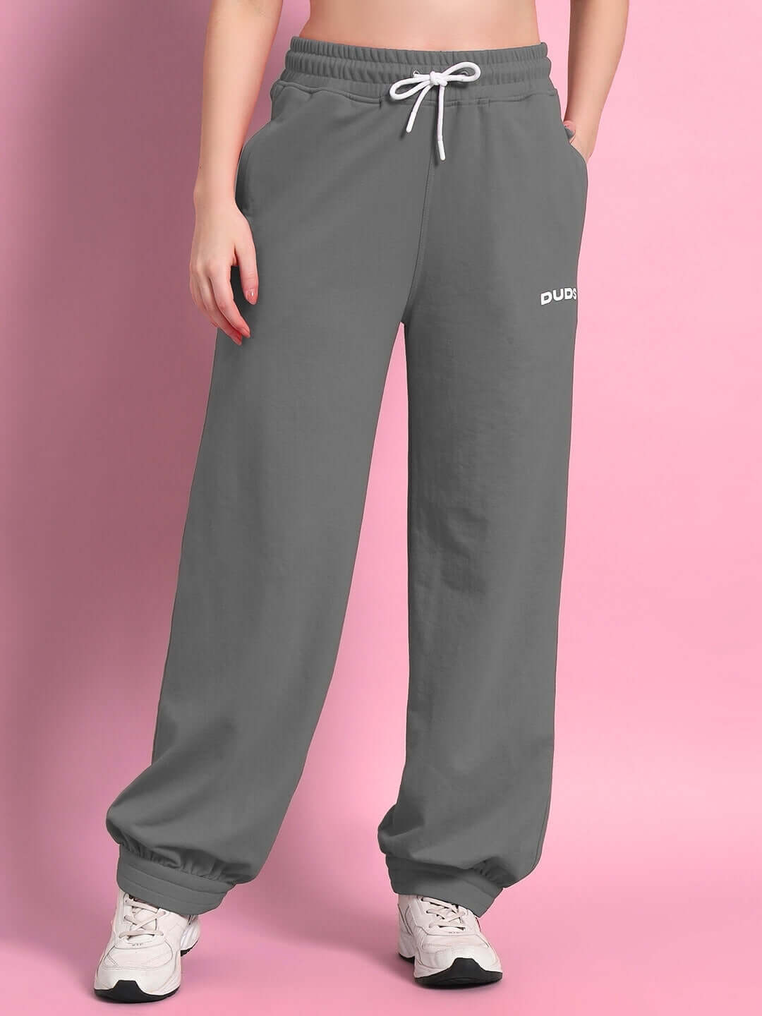 Women's grey Austrian relaxed-fit joggers by DUDS, featuring elastic waistband and adjustable drawstring.