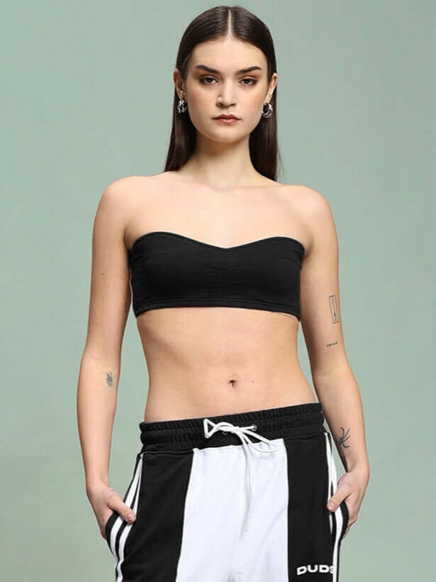 Model wearing Women's Azora Bandeau Top in black, featuring premium heavy gauge cotton fabric. Designed by Color By Colours, India.