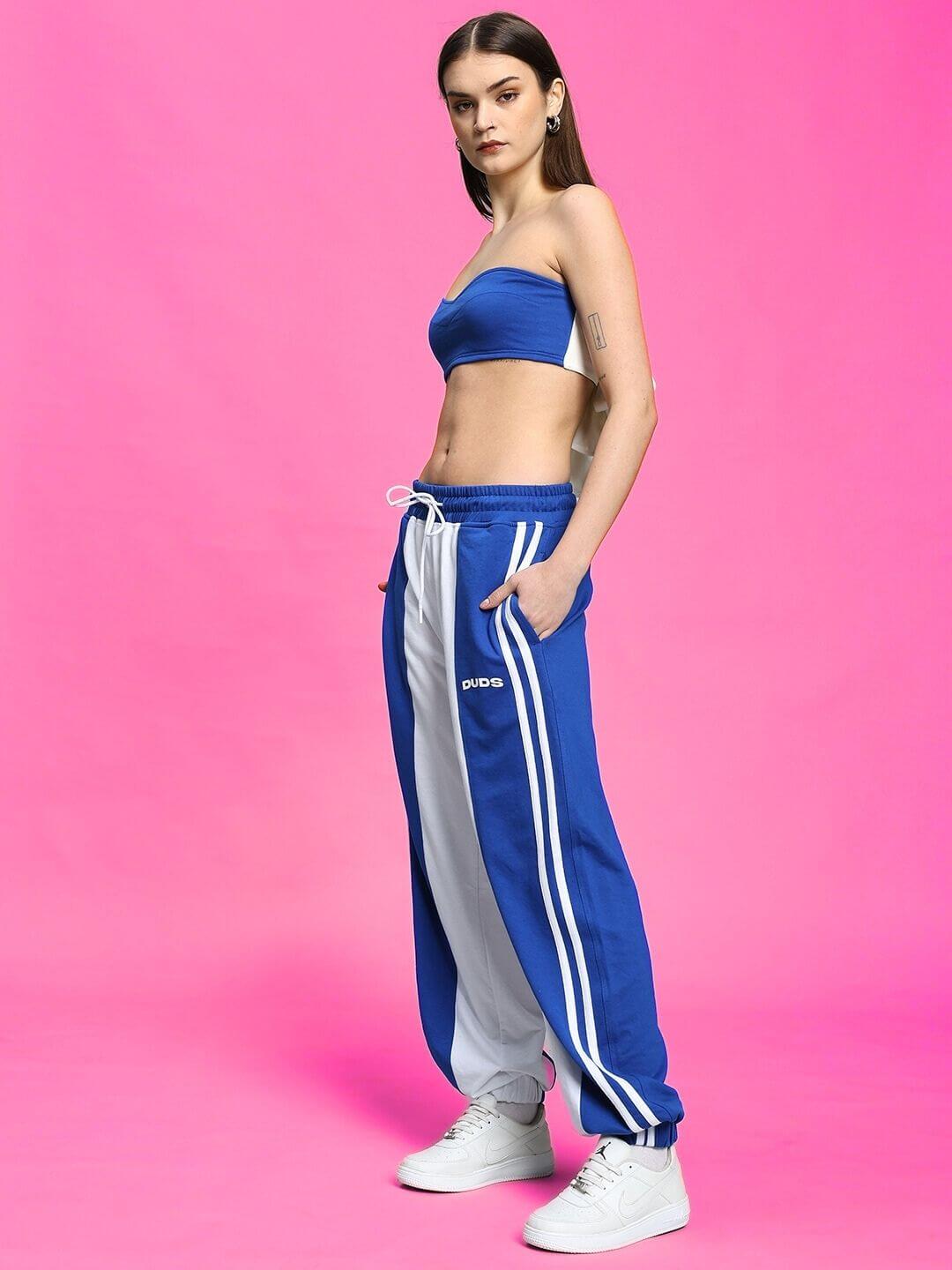 Women's Azora Co-Ord Set in blue and white featuring relaxed fit joggers with elasticated waistband and drawstring.