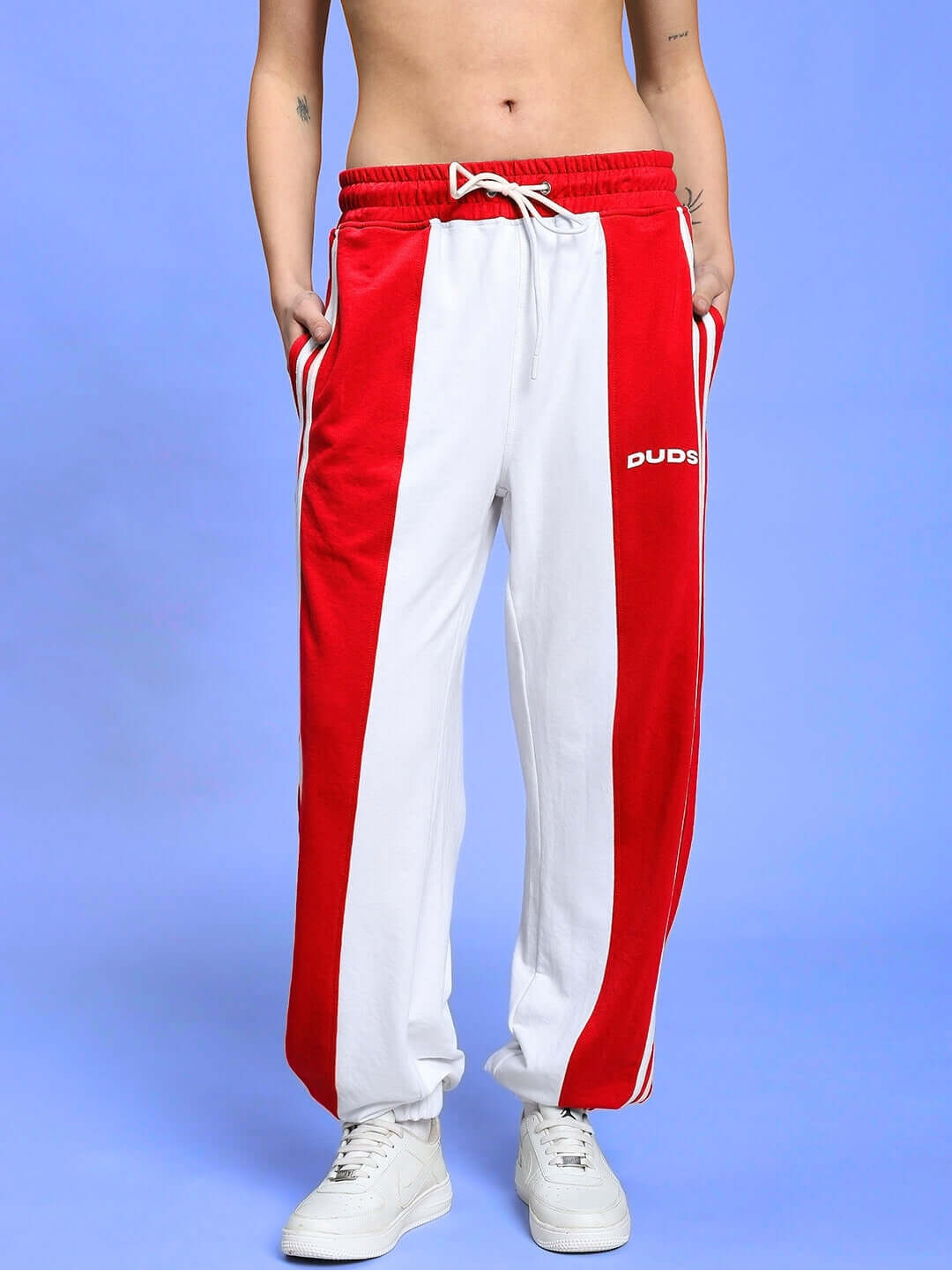 Red and white joggers with elasticated waistband and drawstring, part of WOMEN'S AZORA CO-ORD SET, made of premium heavy gauge cotton.