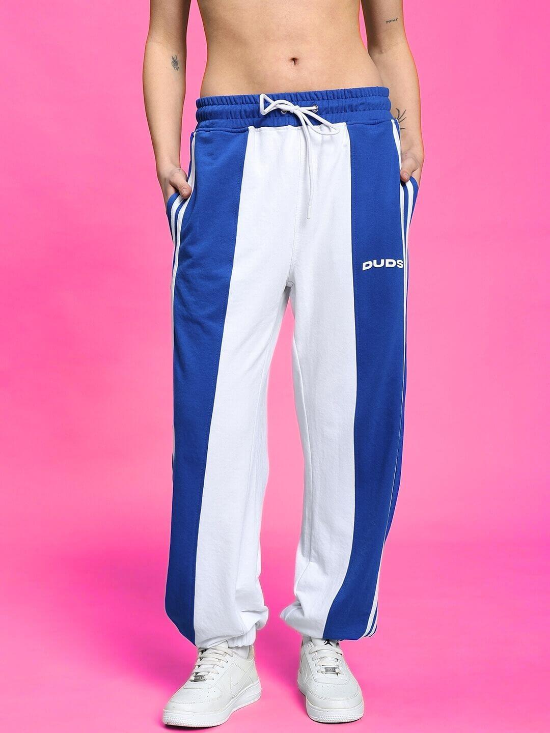 Women's Balmy Relaxed Fit Jogger in white and blue, perfect for comfort and style, customizable fit options available.