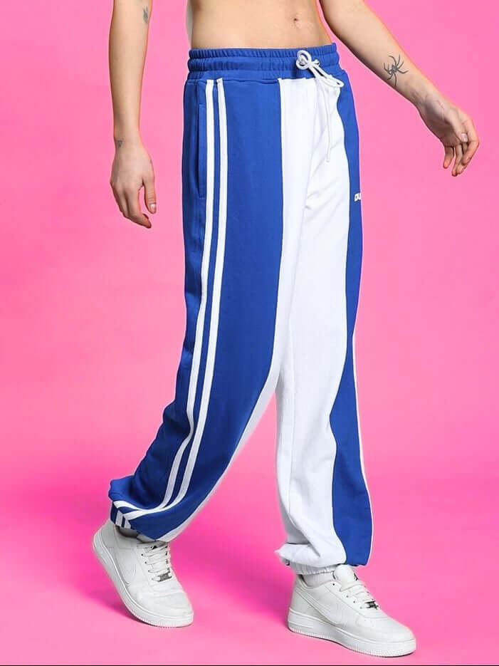 Women's balmy relaxed fit jogger in white and blue with sporty stripes.