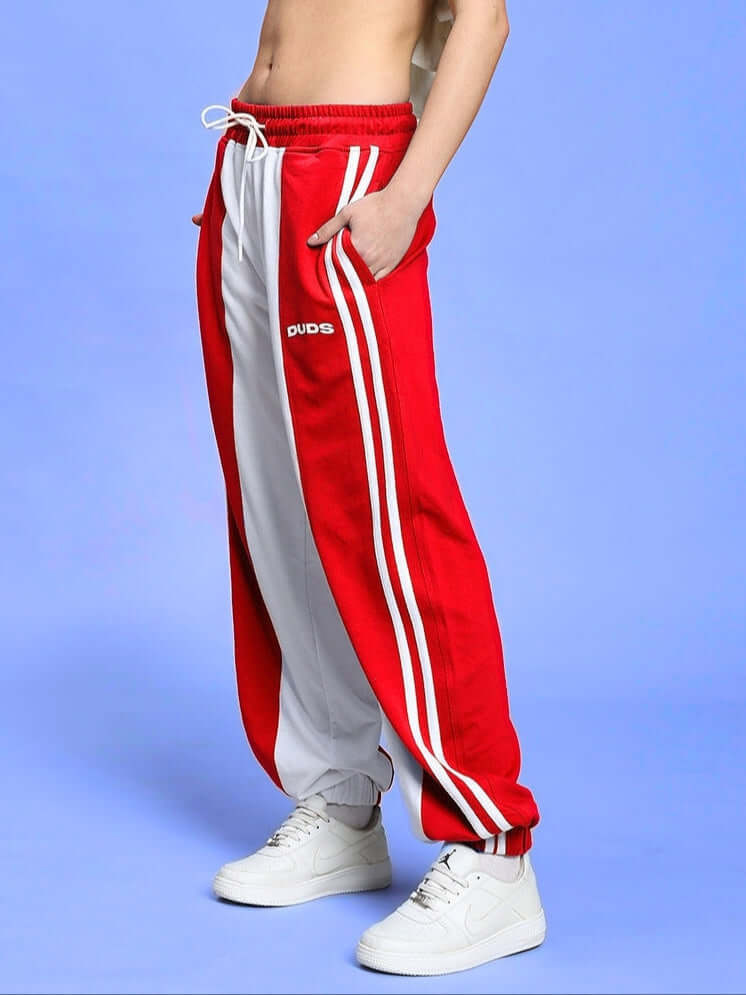 Women's Balmy Relaxed Fit Jogger in white and red, featuring a comfortable design with stripes, by DUDS.
