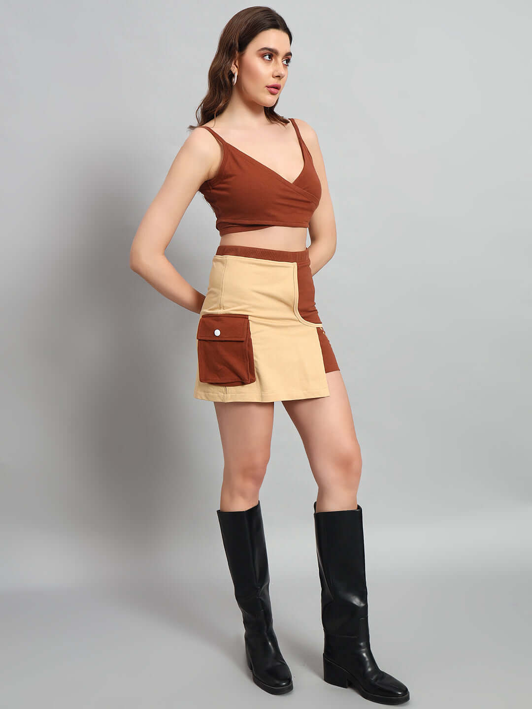Model wearing WOMEN APPLIC CO-ORD SET BEIGE BROWN with black boots, showcasing chic and versatile fashion style.