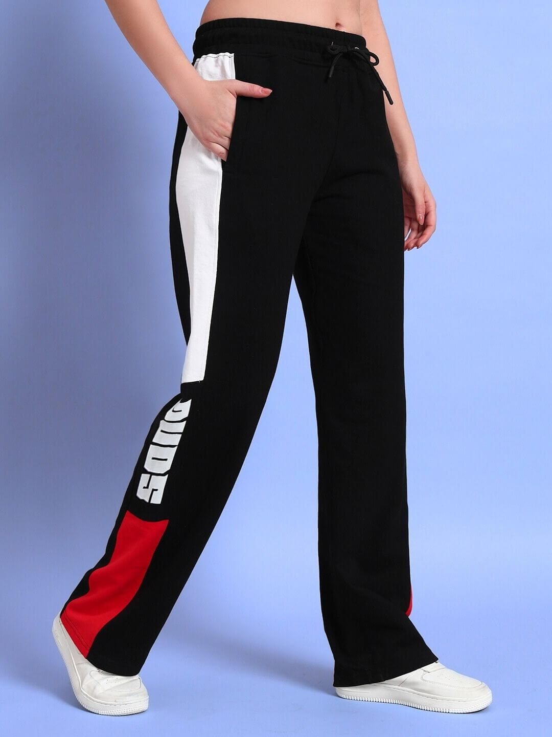 Women's black red Belgian joggers by DUDS with white stripe detail, relaxed-fit with customizable size options, made to order