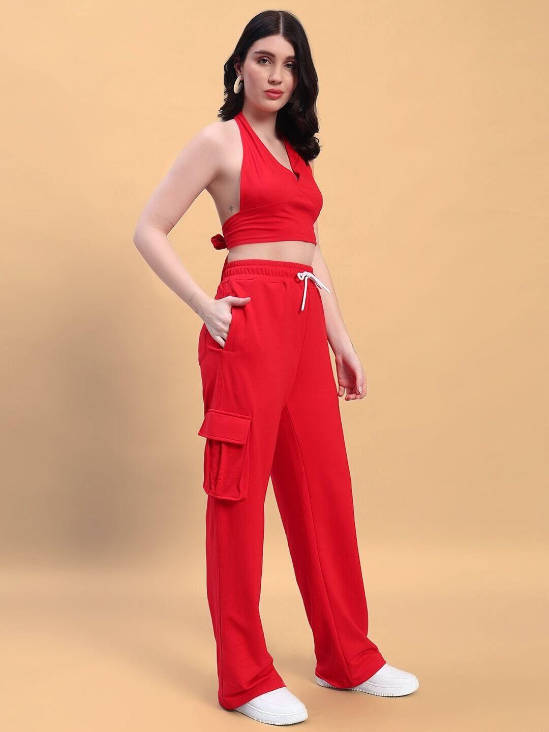 Women's Belove Co-ord Set in Red, premium cotton blend fabric, featuring halter top and cargo pants, stylish and comfortable.