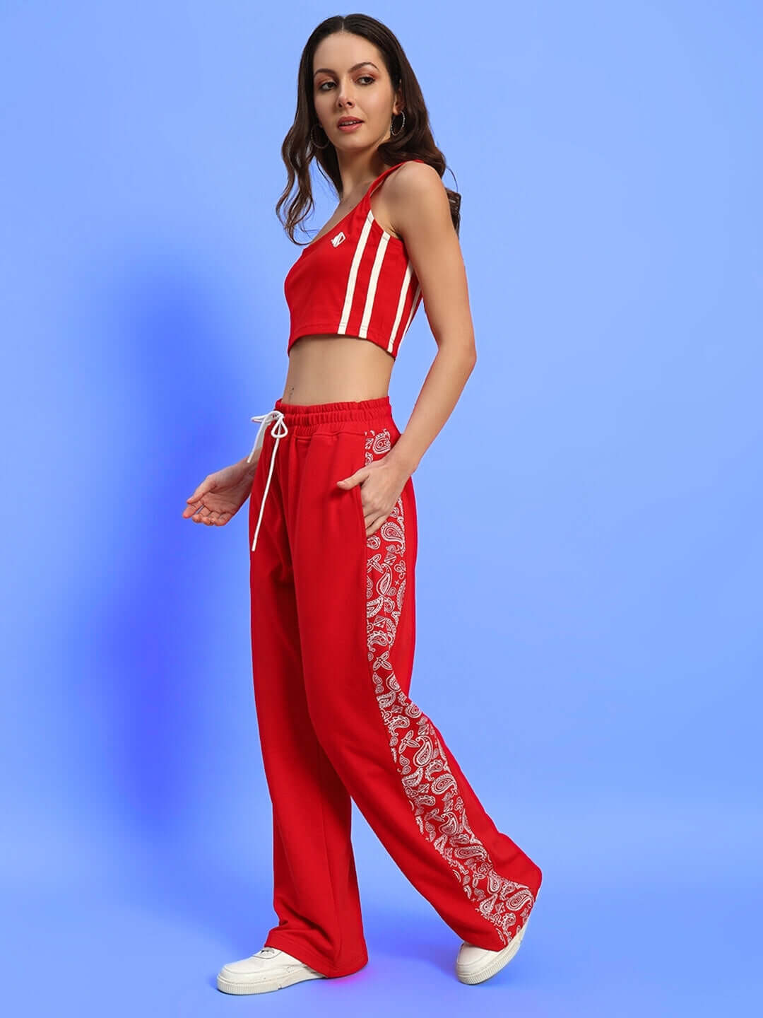 Women's Bevy Co-Ord Set in red featuring joggers and a cropped top, made of premium cotton with elasticated waistband for comfort.