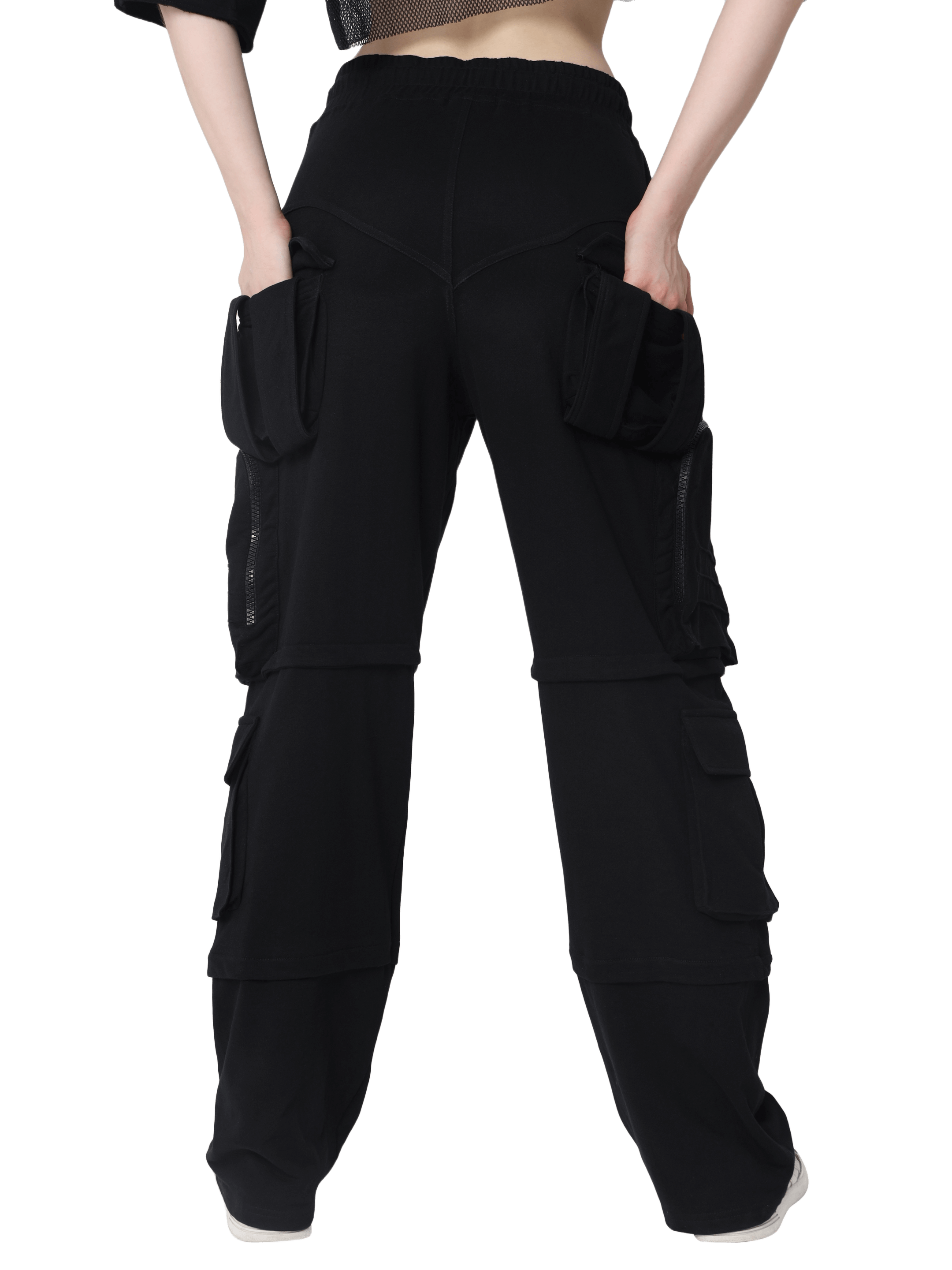 Women's black 8-pocket cargo pants with zipper patch pockets, full-length view, custom fit available, made to order by DUDS.