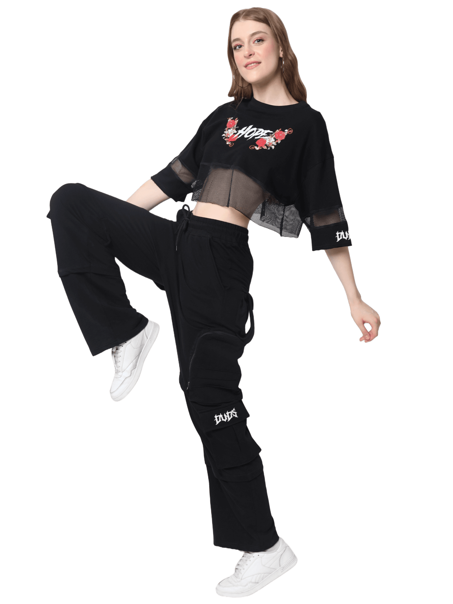 Model wearing WOMEN 8 POCKET CARGO PANT ZIPPER POCKET BLACK demonstrating functionality and style