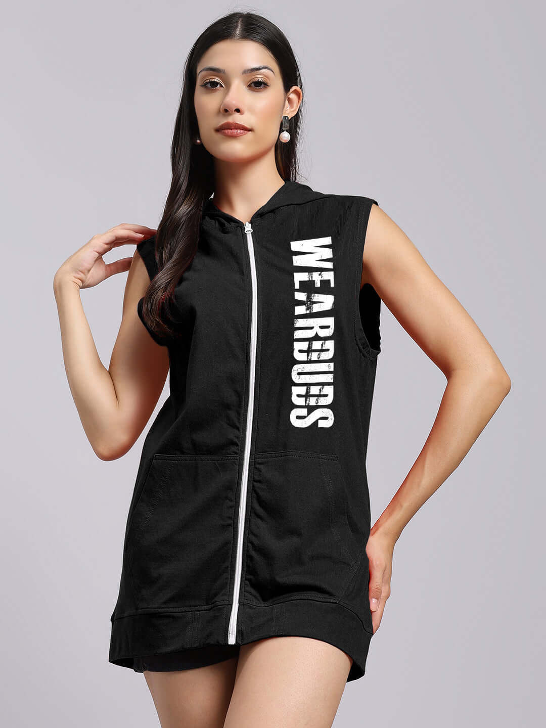Women's black hooded T-shirt with "WE.ARE.DUDS" text, sleeveless design, and zip closure. Perfect for gym and custom fit available.