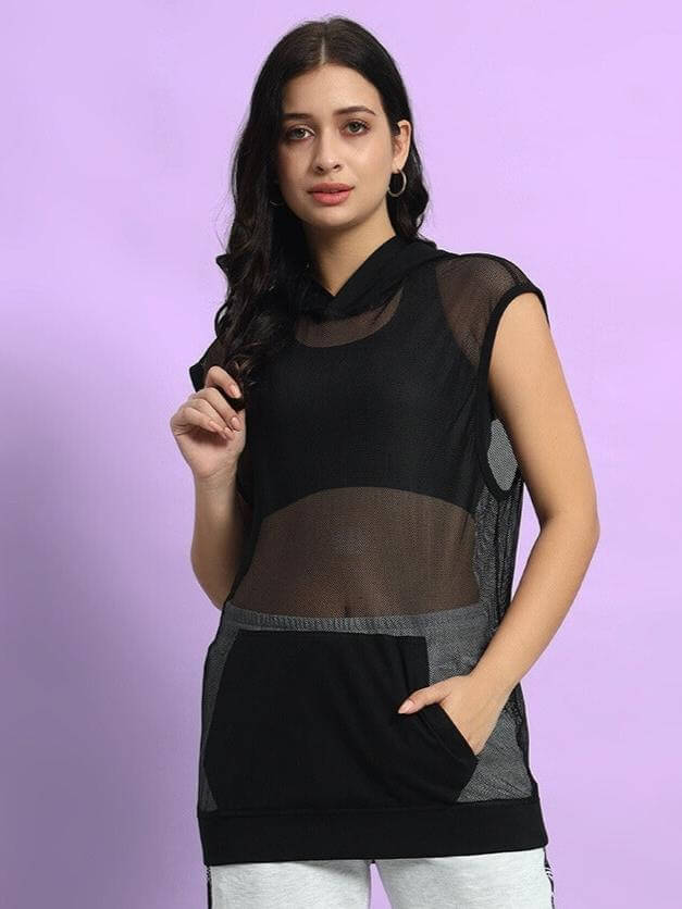Model wearing a women's black boogie mesh sleeveless hoodie vest with pocket and overlapping seams, set against a purple backdrop.