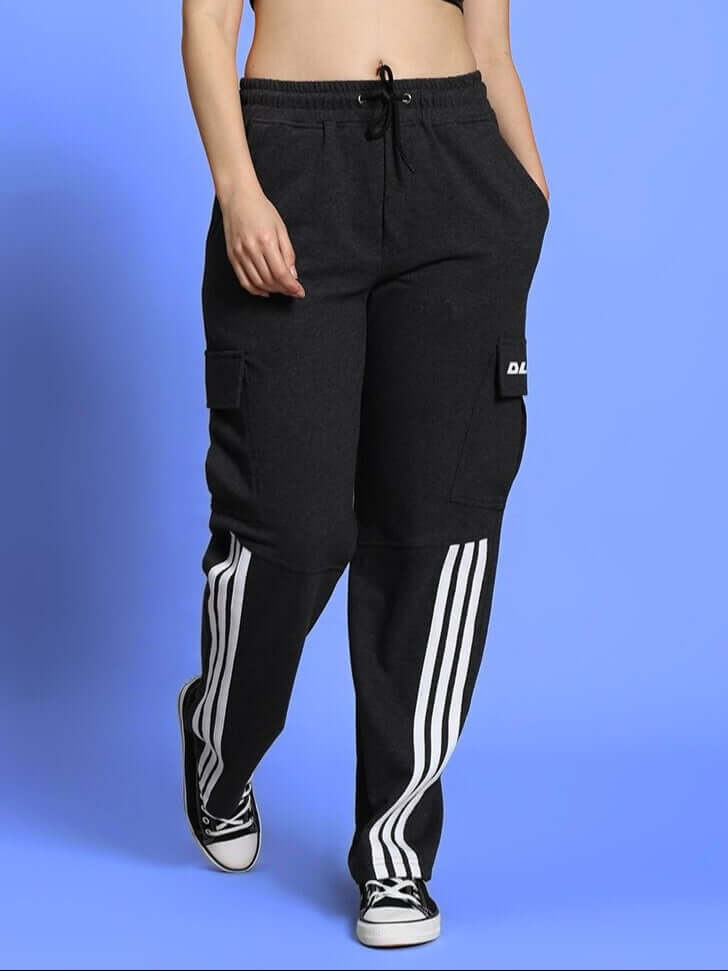 Women's Redroit 5 Pocket Relaxed Fit Joggers in Black with white stripes, designed for comfort and style.